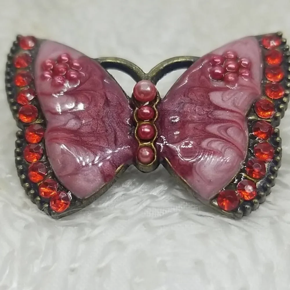 Vintage Butterfly Pink Swirl Pearl red Crystal Pin